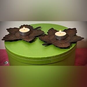 Vintage Pair Maple Leaf Metal Candle Holder Plates in Cooper Color 5.75” x 6.65”